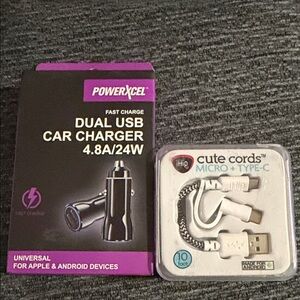 Dual USB Car Charger - Black and Cute cords